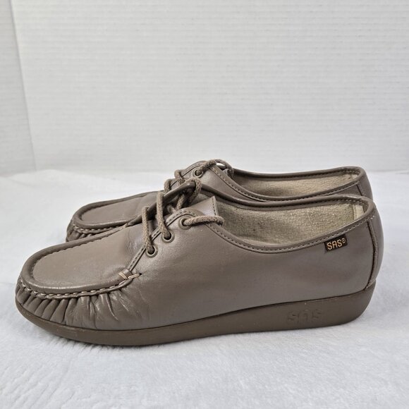 SAS Size 9.5 N Bounce Lace Up Moccasins Beige Leather Wedge Comfort Shoes - Picture 3 of 9